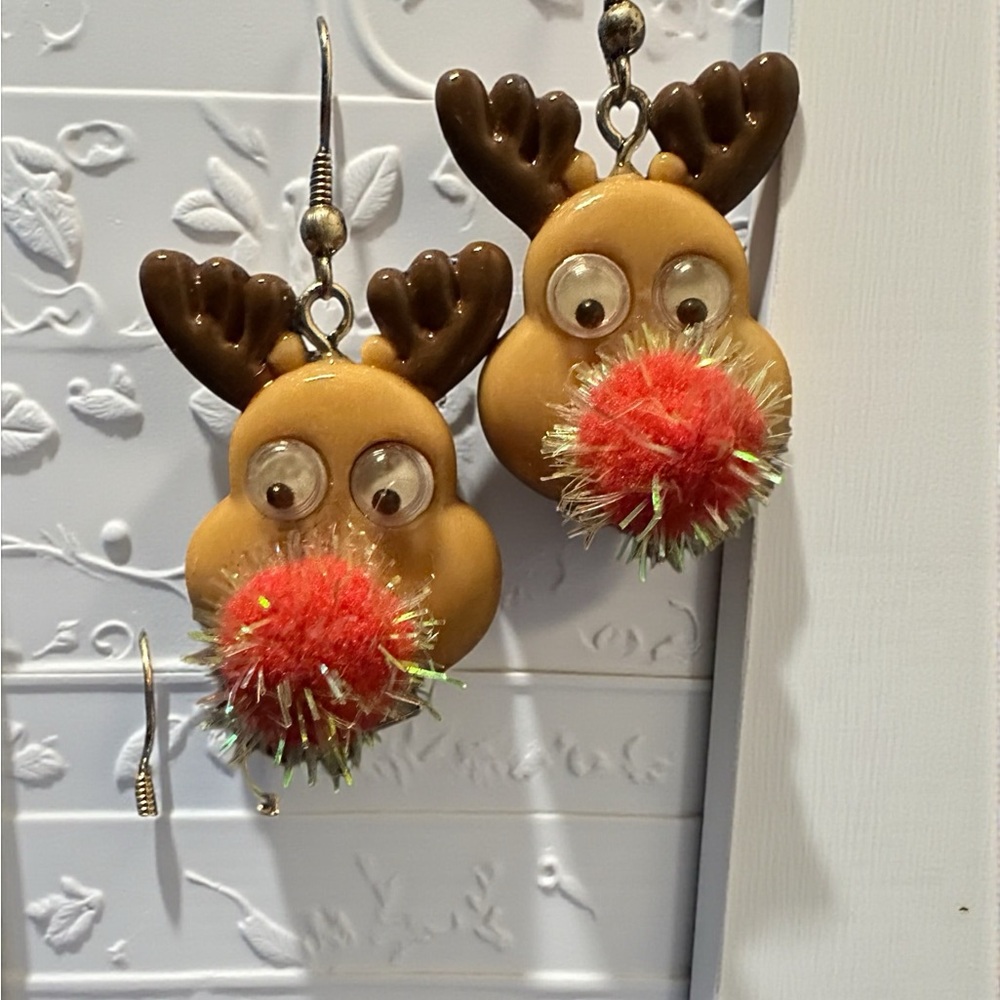 Hand Crafted Reindeer Earrings with Red Pom Pom